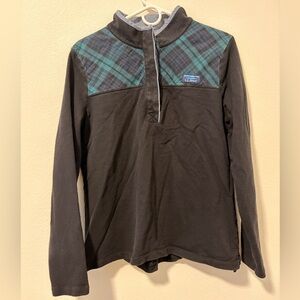 L.L. Bean Black Quilted Henley Pullover Black Watch Plaid Yoke Large